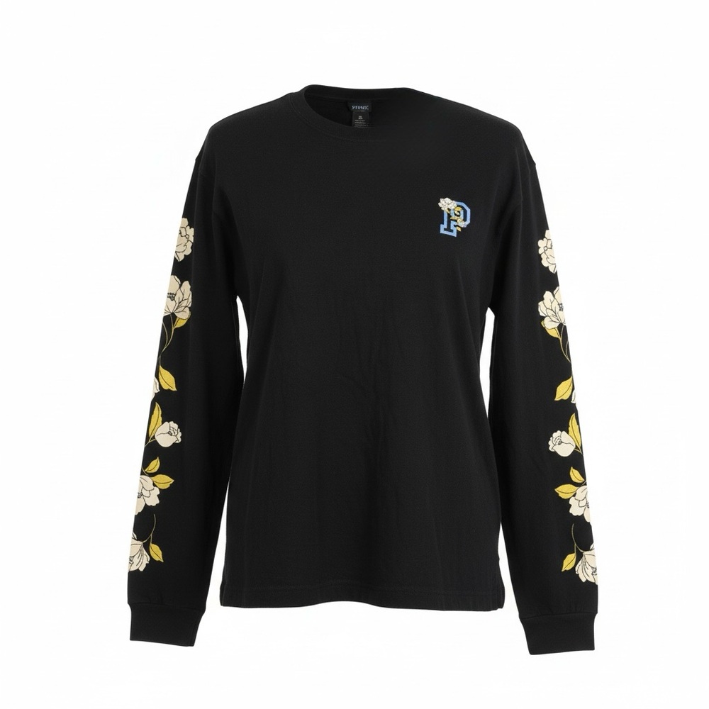 PINK Victoria Secret Lilac/Yellow Floral Campus LS Black T Shirt Wmns M 90s Y2K